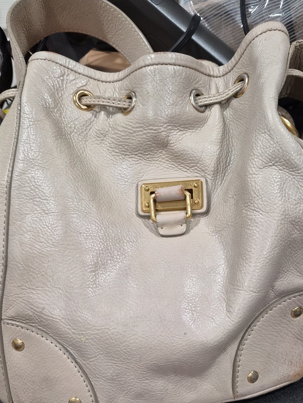 Marc Jacobs Cream Leather Drawstring Hobo with Gold Hardware
